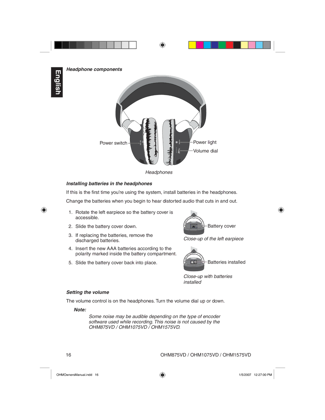 Clarion OHM875VD owner manual Headphone components, Installing batteries in the headphones, Setting the volume 