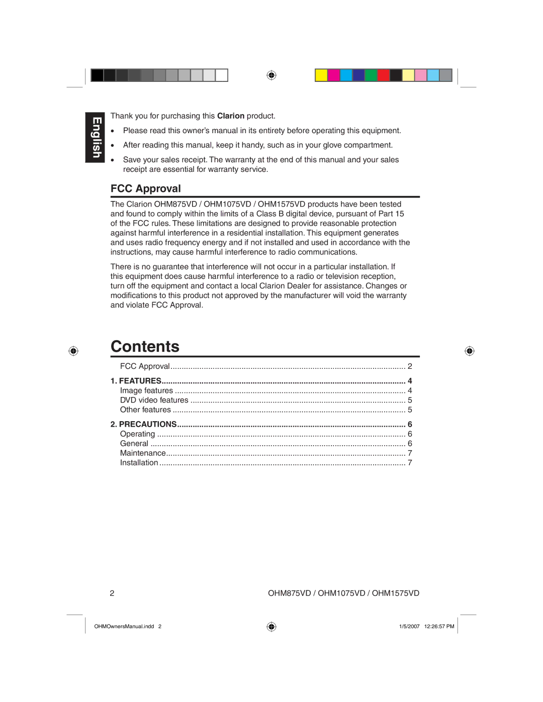 Clarion OHM875VD owner manual Contents 