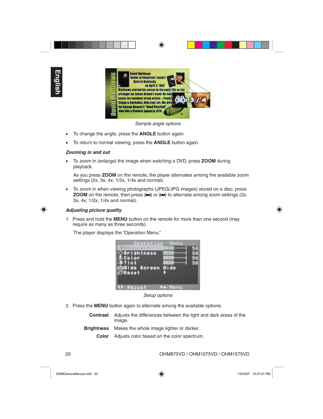 Clarion OHM875VD owner manual Sample angle options, Zooming in and out, Adjusting picture quality, Setup options 