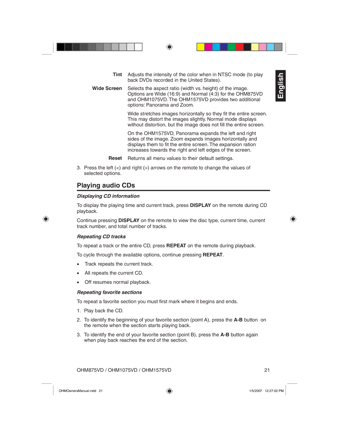 Clarion OHM875VD owner manual Playing audio CDs, Displaying CD information, Repeating CD tracks 