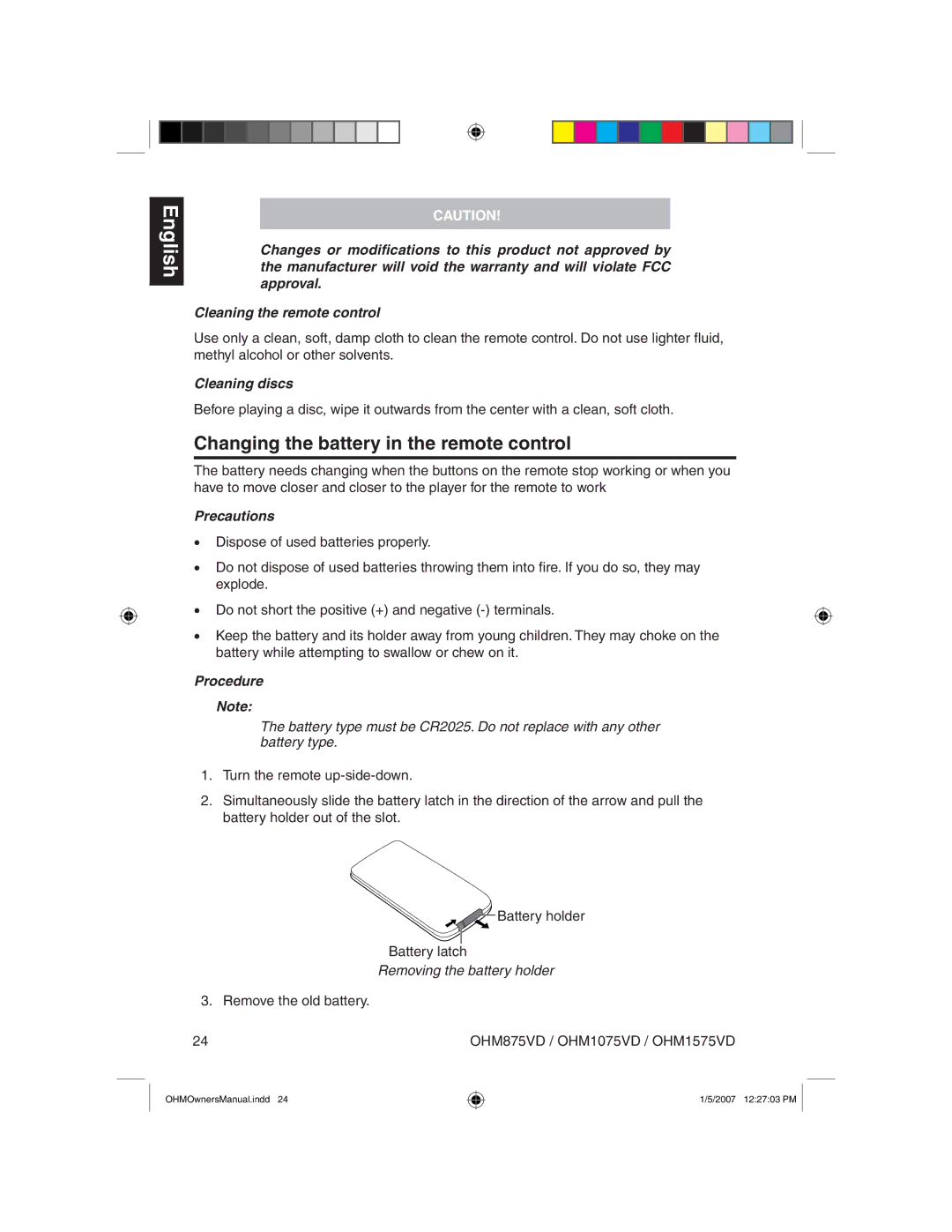 Clarion OHM875VD Changing the battery in the remote control, Cleaning discs, Precautions, Removing the battery holder 