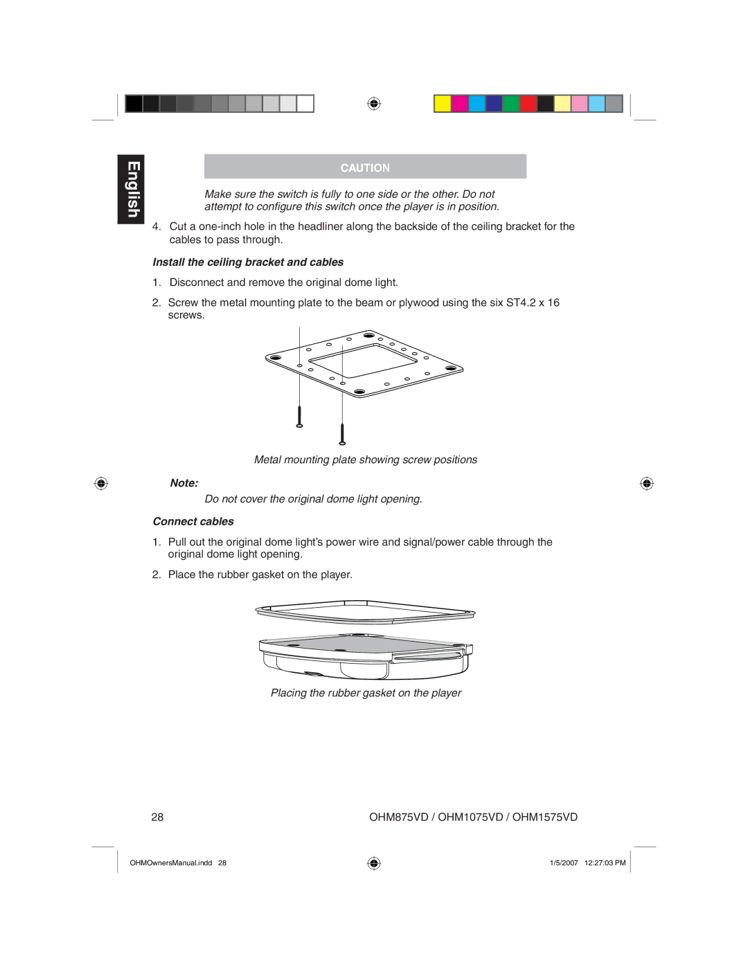 Clarion OHM875VD Install the ceiling bracket and cables, Connect cables, Placing the rubber gasket on the player 