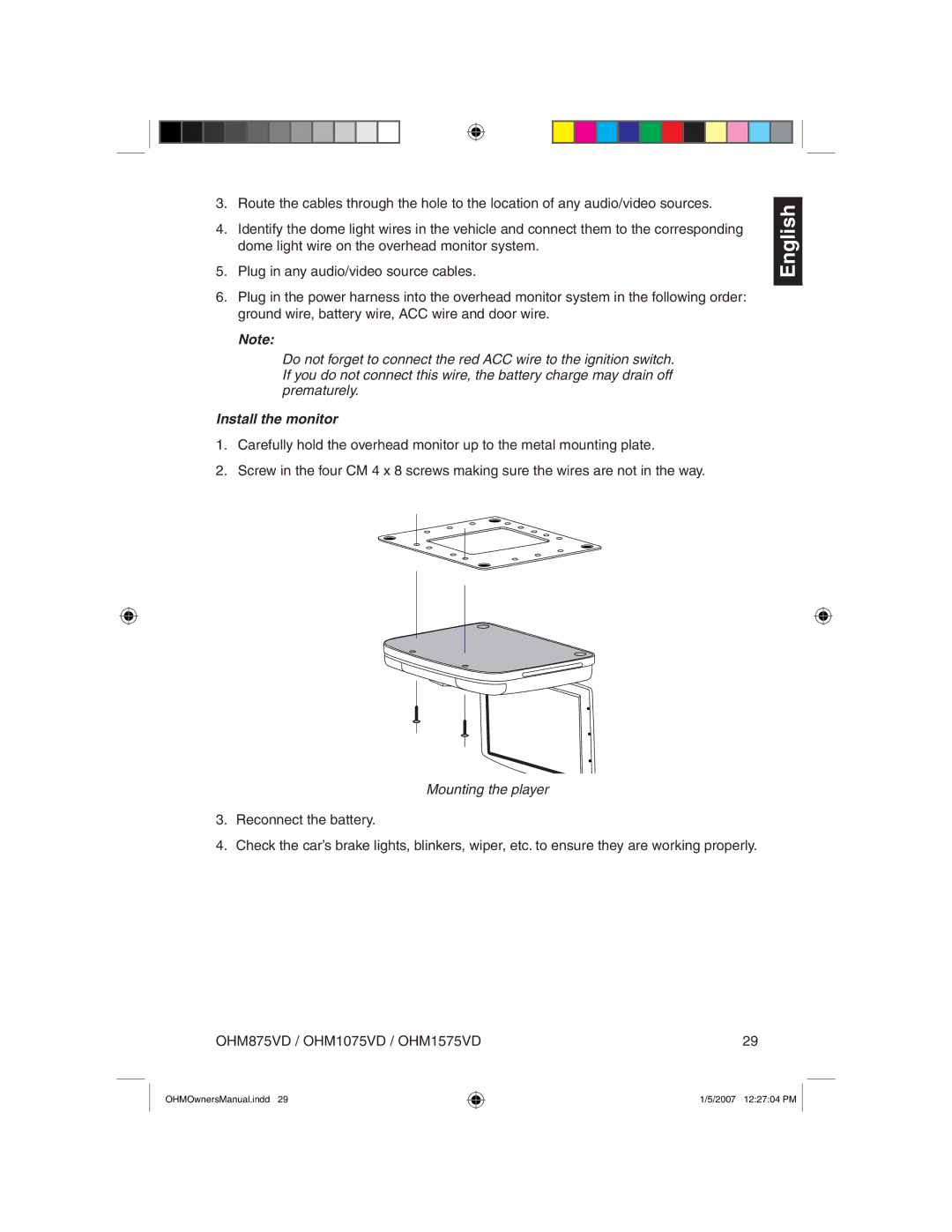 Clarion OHM875VD owner manual Install the monitor, Mounting the player 