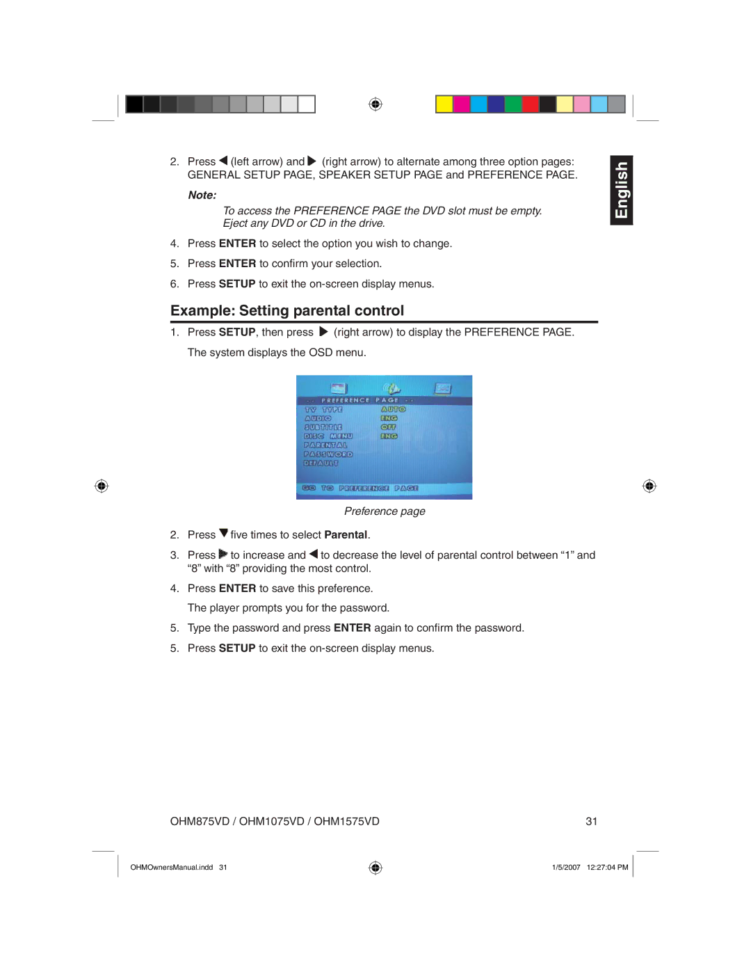 Clarion OHM875VD owner manual Example Setting parental control, Preference 