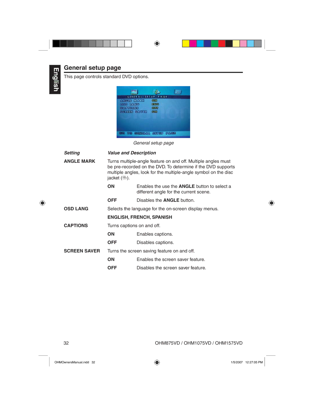 Clarion OHM875VD owner manual General setup, Setting Value and Description 