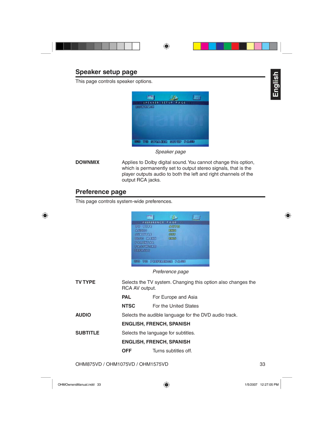 Clarion OHM875VD owner manual Speaker setup, Preference, Downmix 