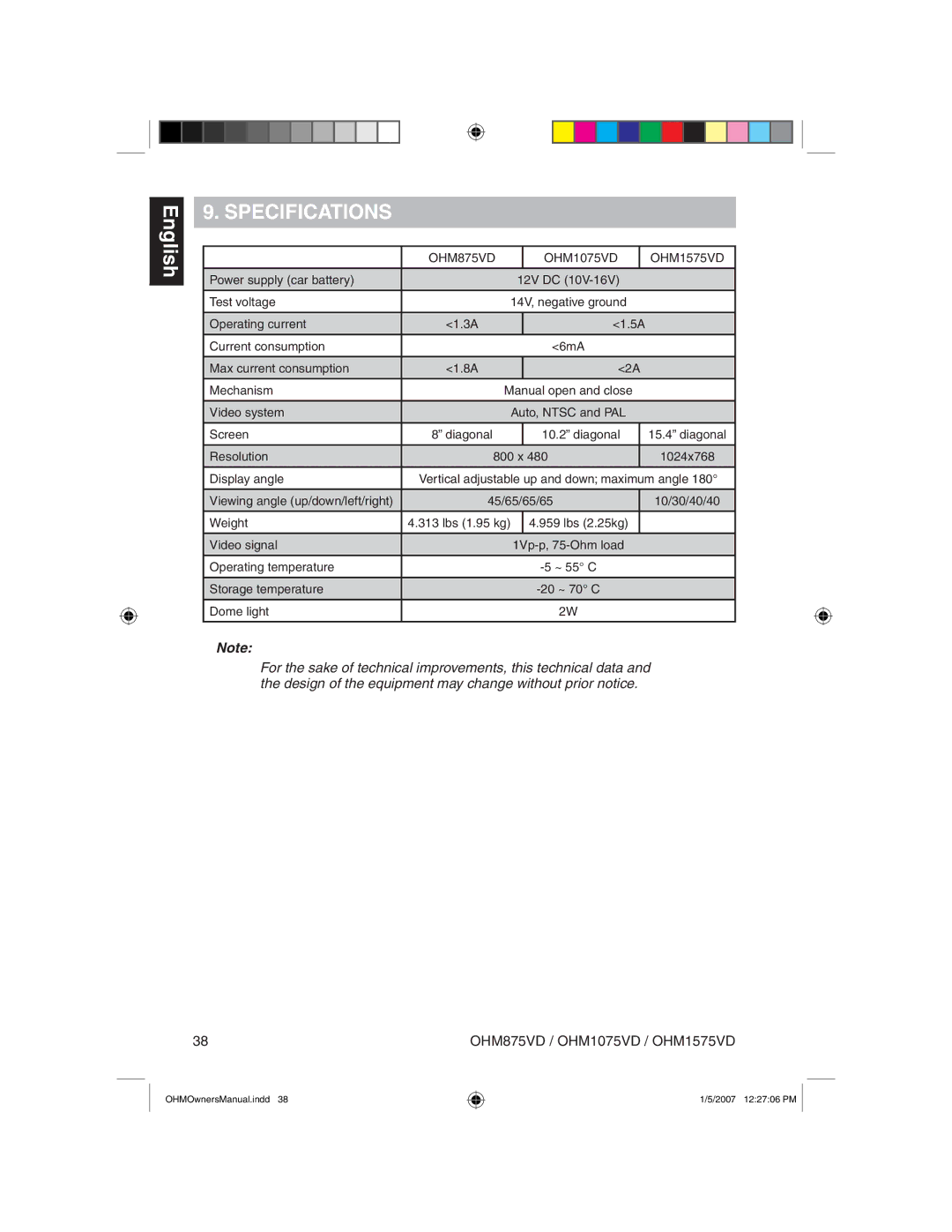 Clarion owner manual Specifications, OHM875VD OHM1075VD OHM1575VD 