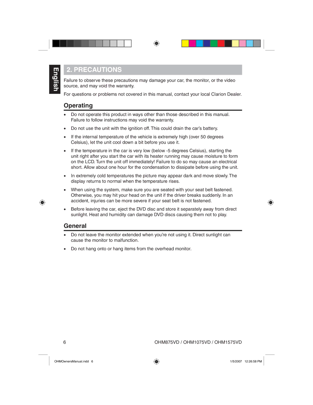 Clarion OHM875VD owner manual Precautions, Operating, General 