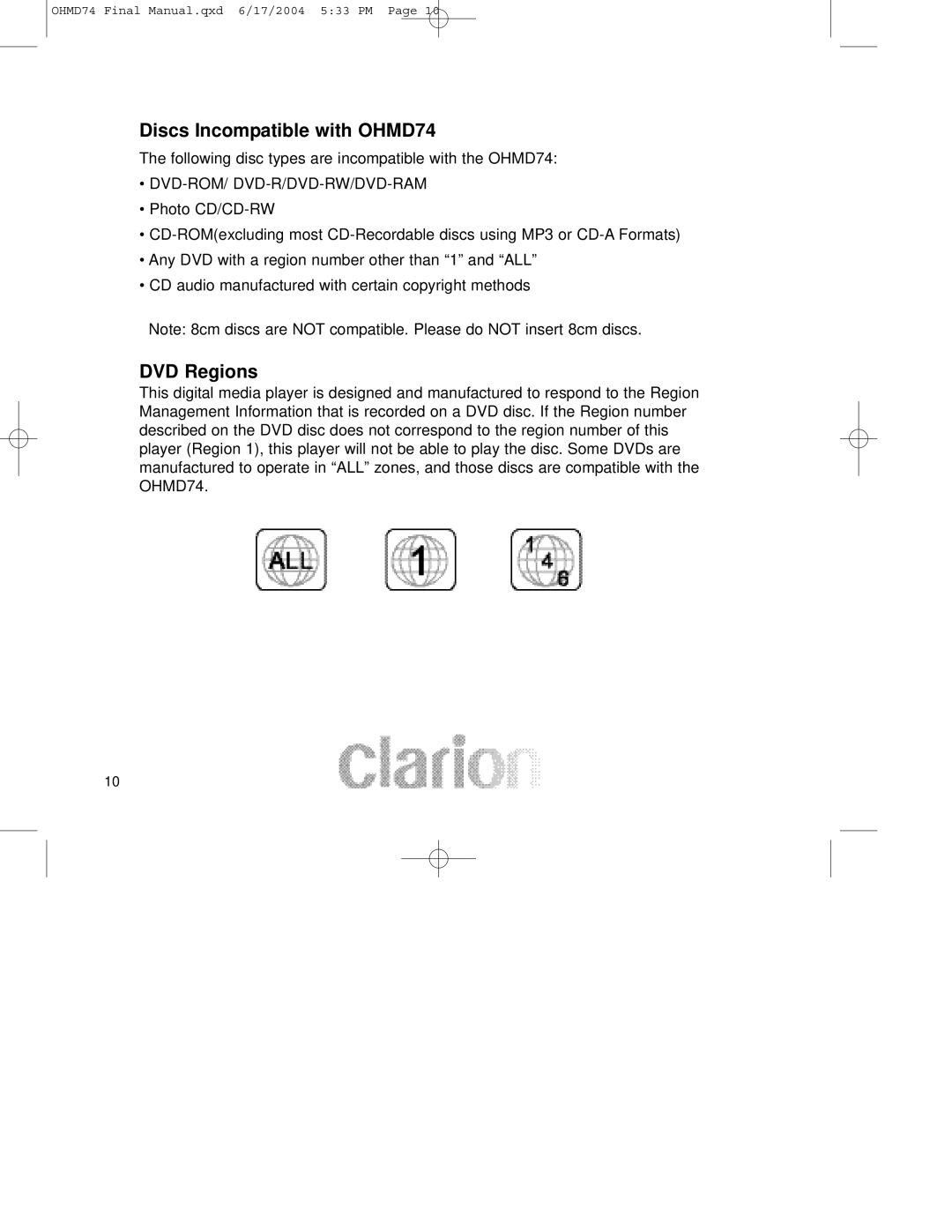 Clarion manual Discs Incompatible with OHMD74, DVD Regions 