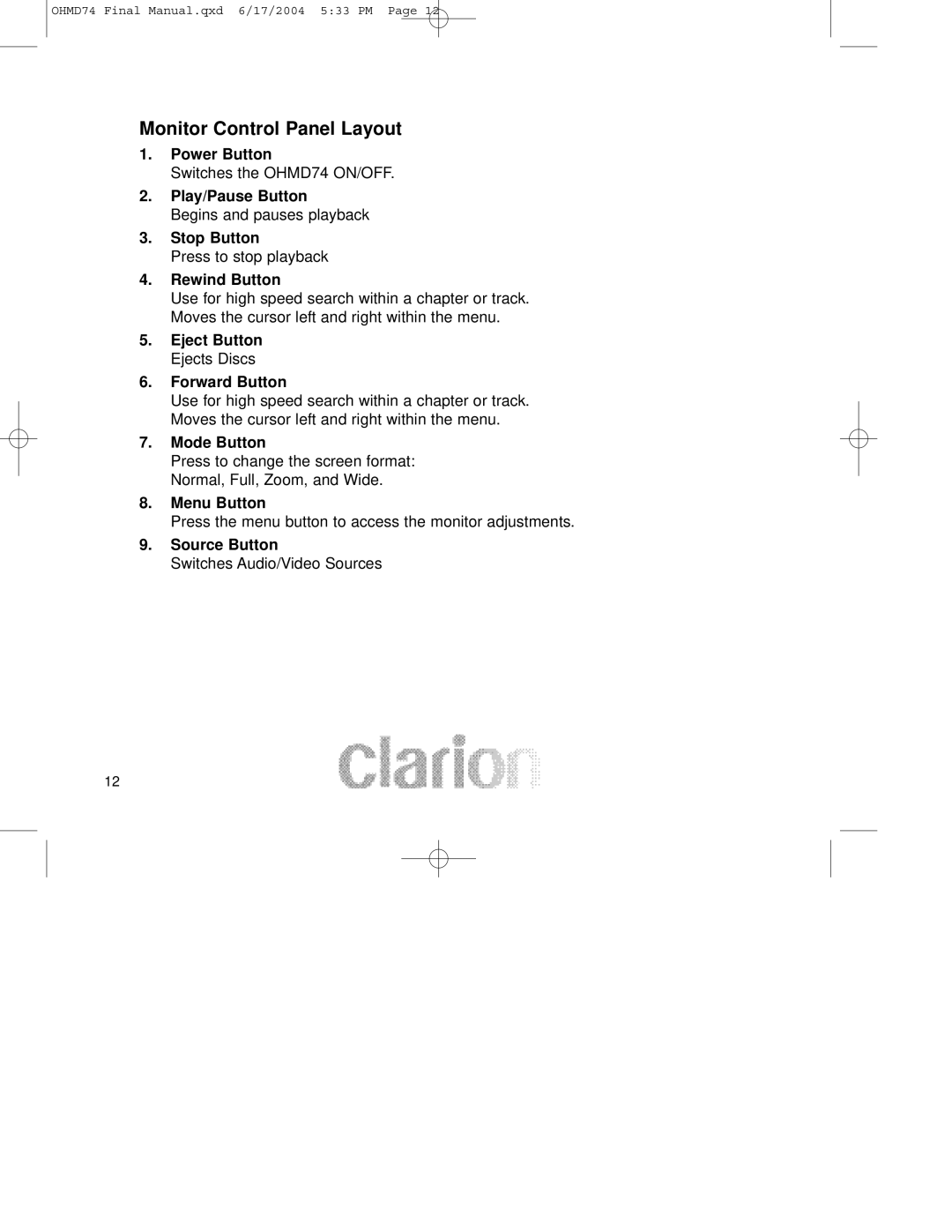 Clarion OHMD74 manual Monitor Control Panel Layout 