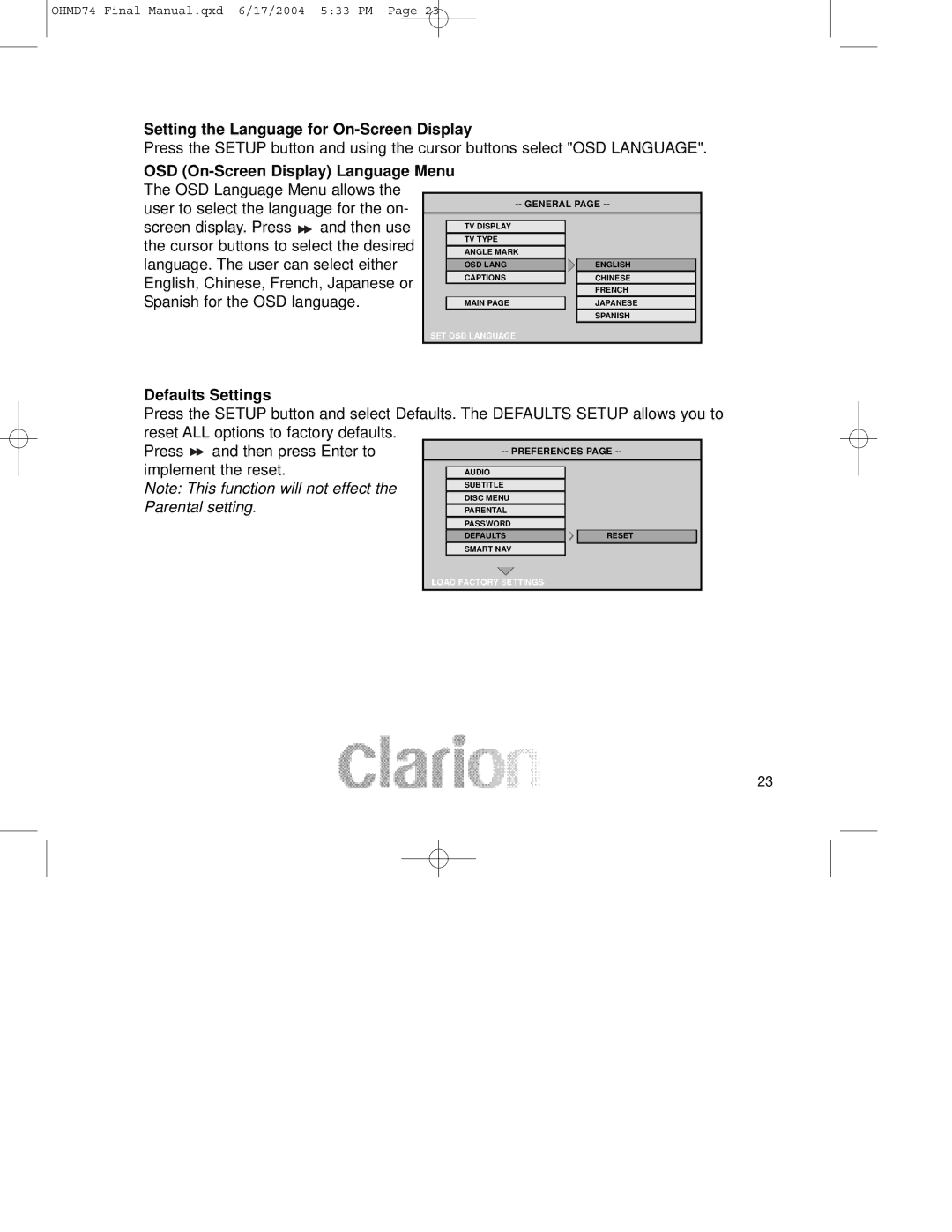 Clarion OHMD74 Setting the Language for On-Screen Display, Screen display. Press Then use, Spanish for the OSD language 