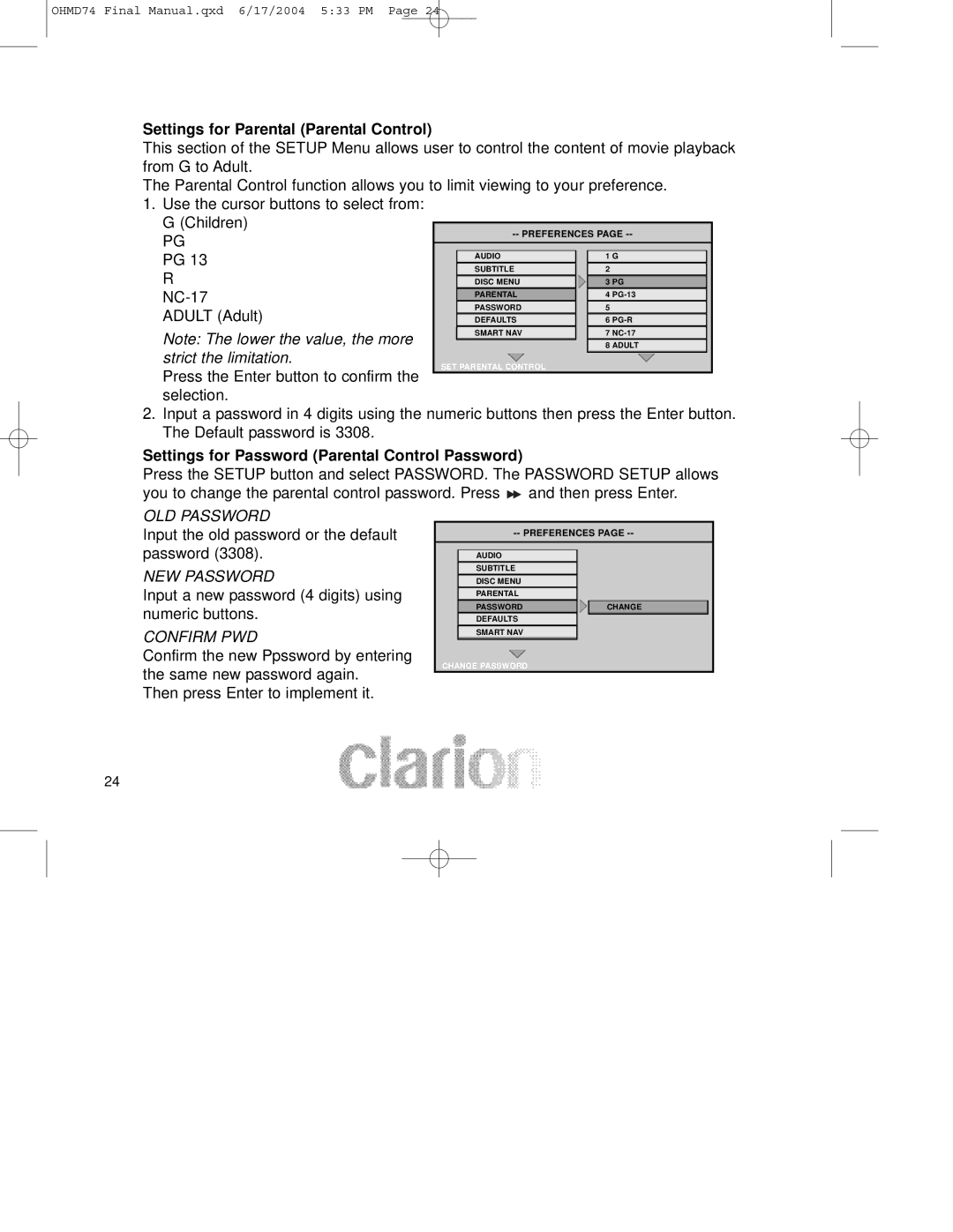 Clarion OHMD74 manual Settings for Parental Parental Control, Children, NC-17, Adult Adult 