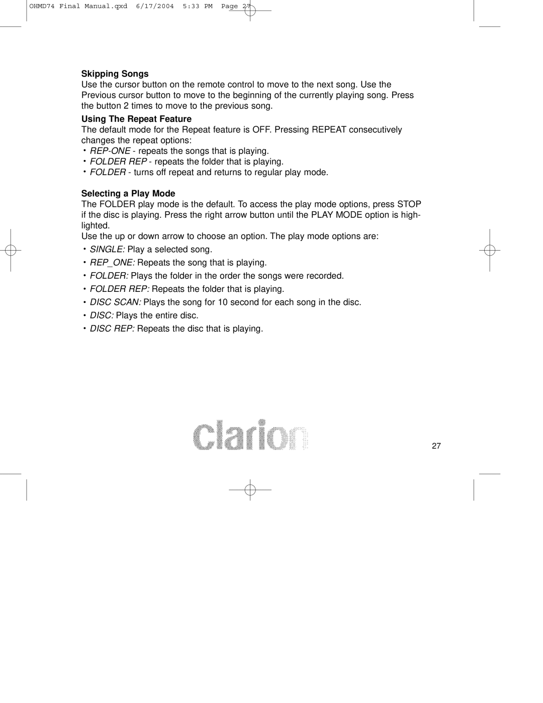 Clarion OHMD74 manual Skipping Songs, Selecting a Play Mode 