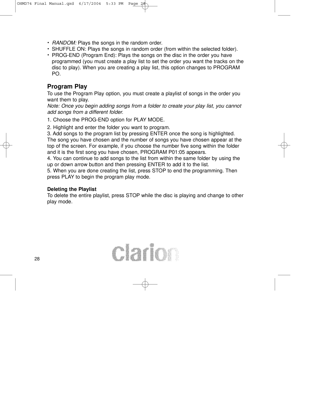 Clarion OHMD74 manual Program Play, Deleting the Playlist 