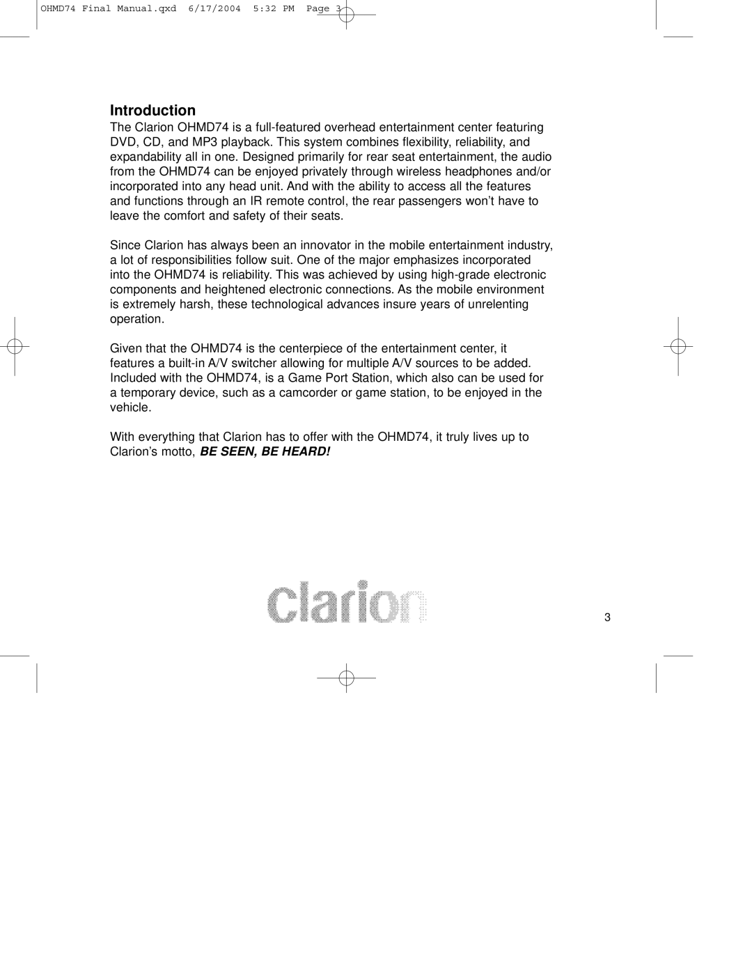 Clarion OHMD74 manual Introduction 