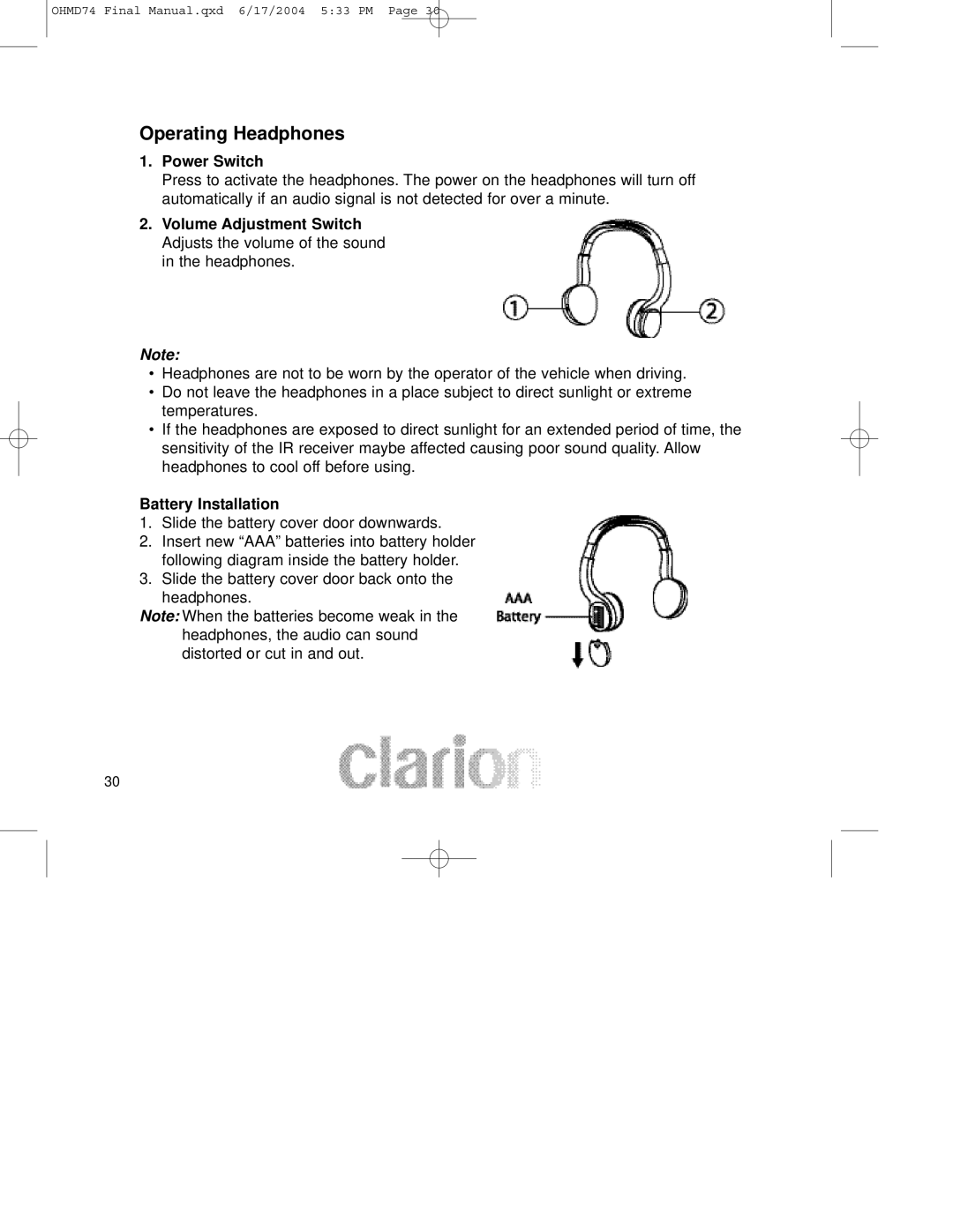 Clarion OHMD74 manual Operating Headphones, Power Switch, Battery Installation 