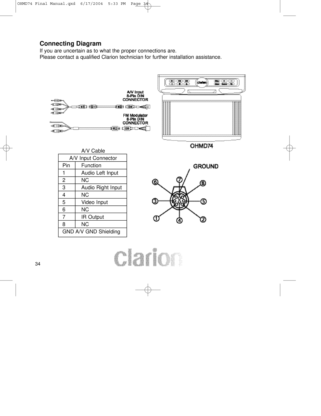 Clarion OHMD74 manual Connecting Diagram 