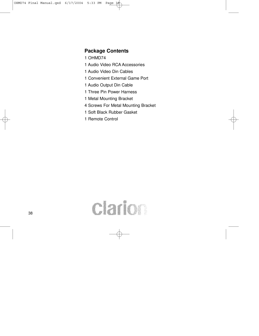 Clarion OHMD74 manual Package Contents 