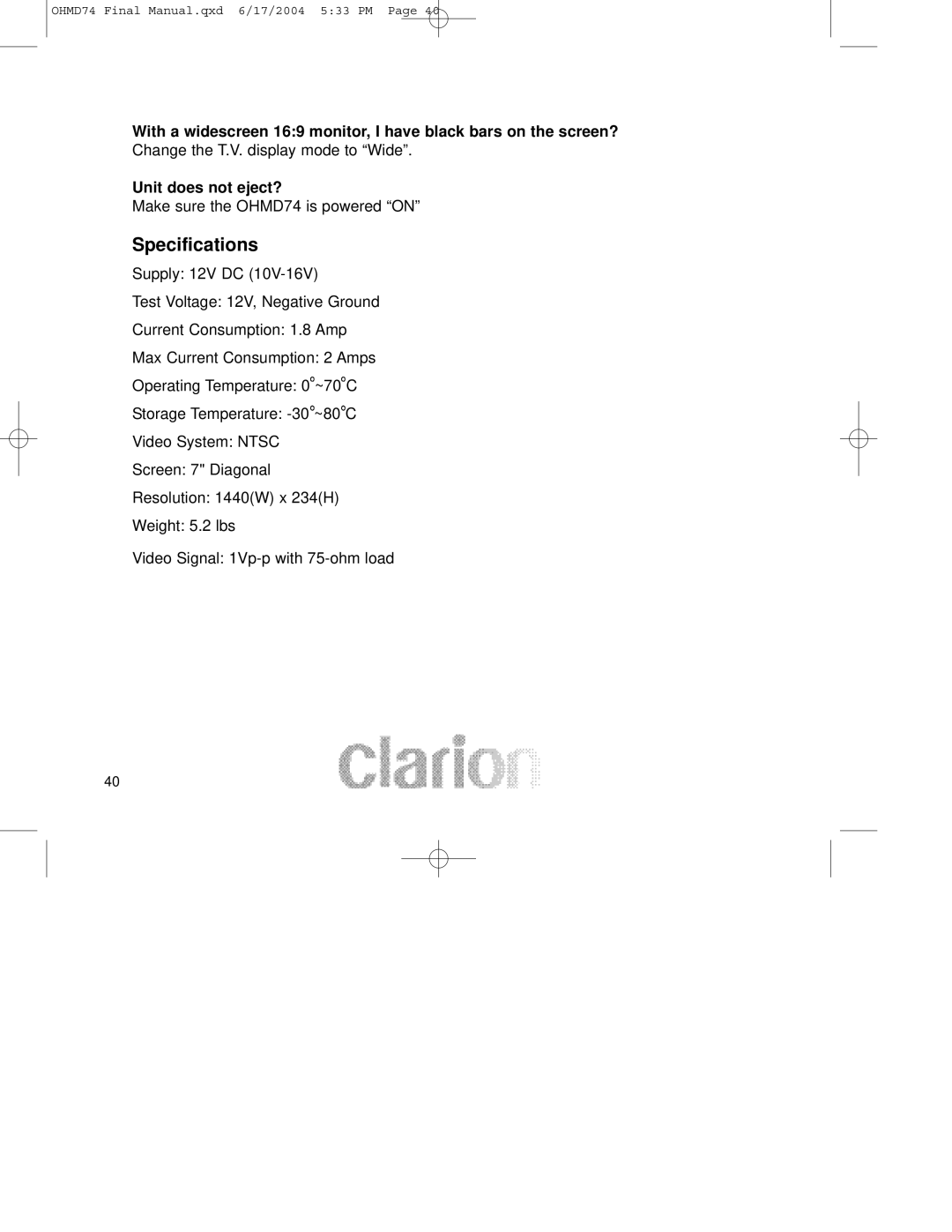 Clarion OHMD74 manual Specifications 