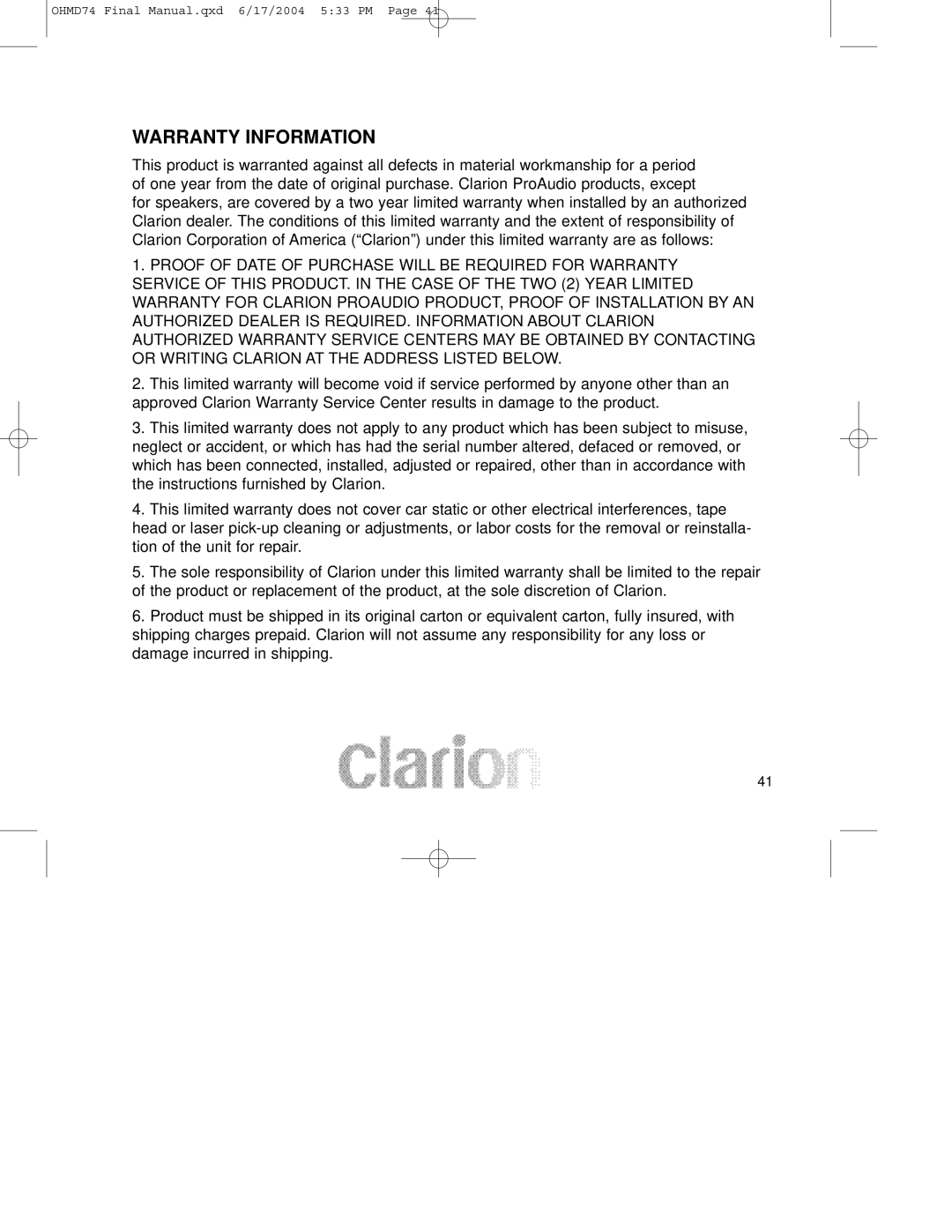 Clarion OHMD74 manual Warranty Information 