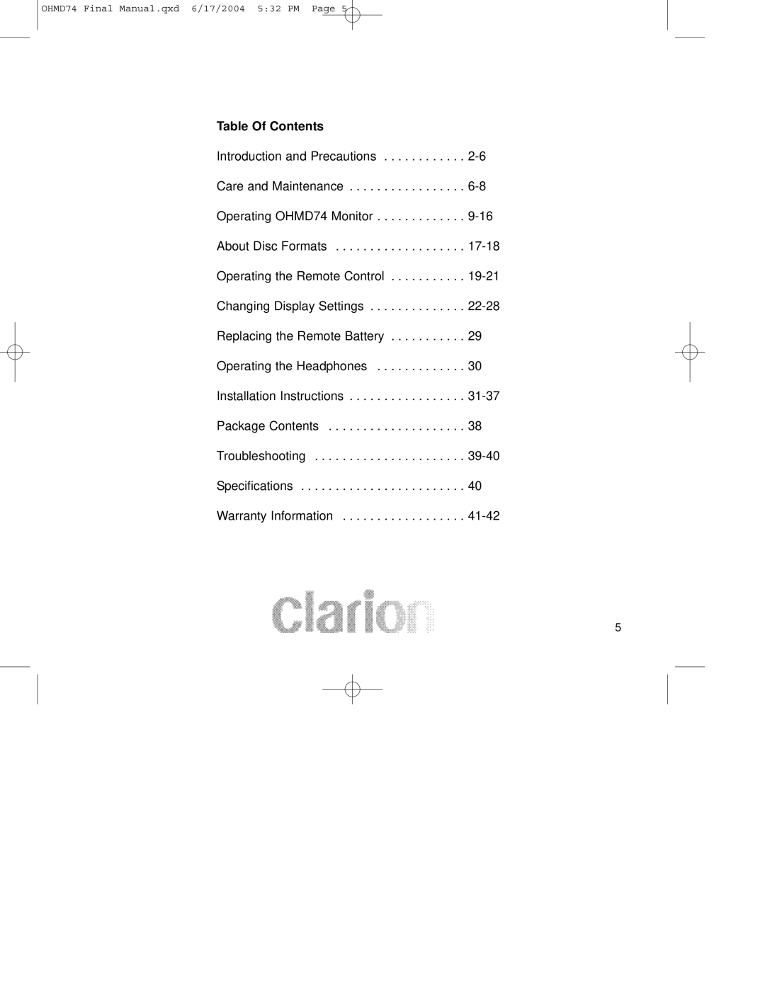 Clarion OHMD74 manual Table Of Contents 