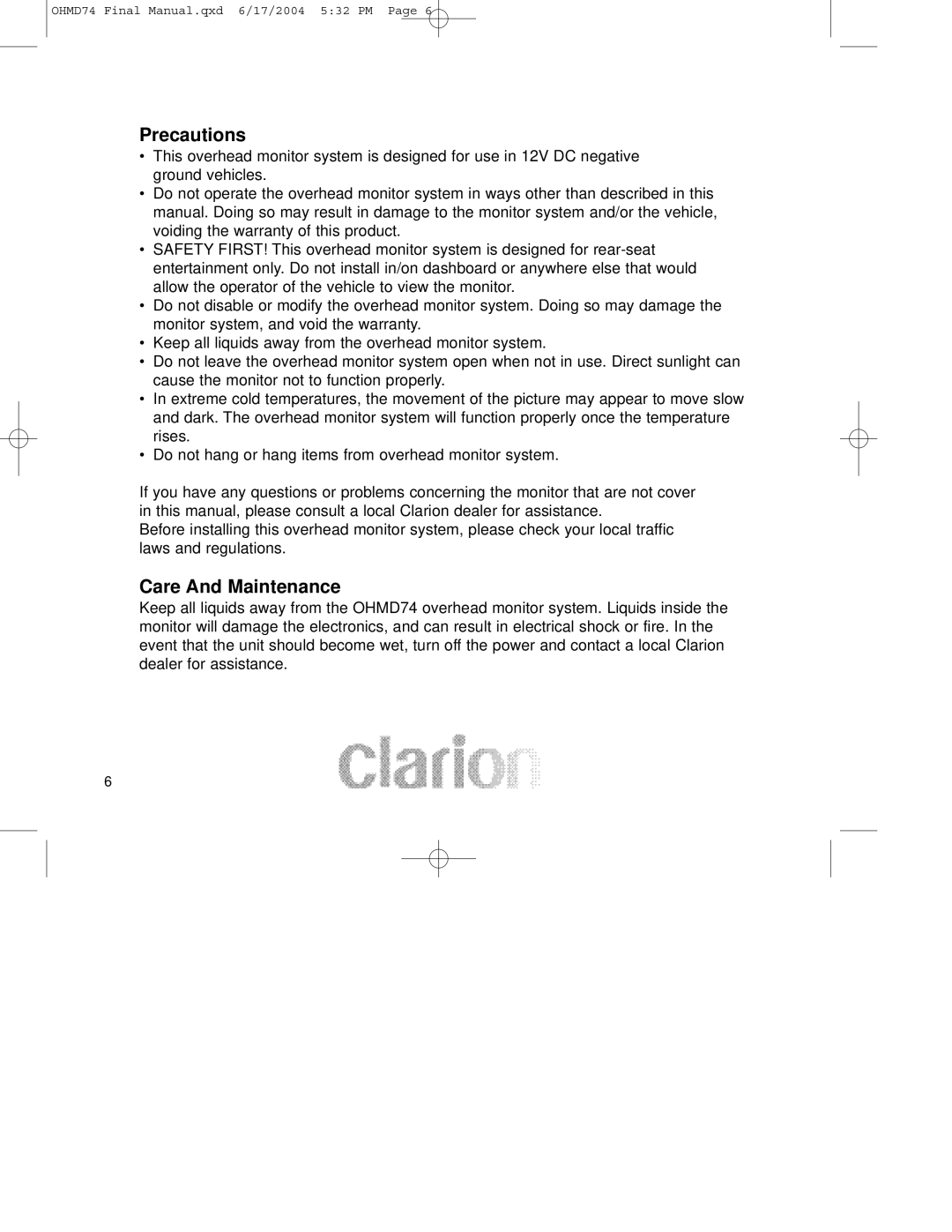 Clarion OHMD74 manual Precautions, Care And Maintenance 