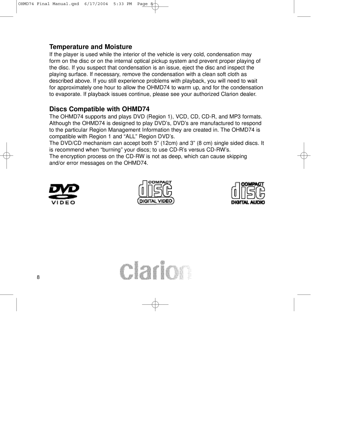 Clarion manual Temperature and Moisture, Discs Compatible with OHMD74 