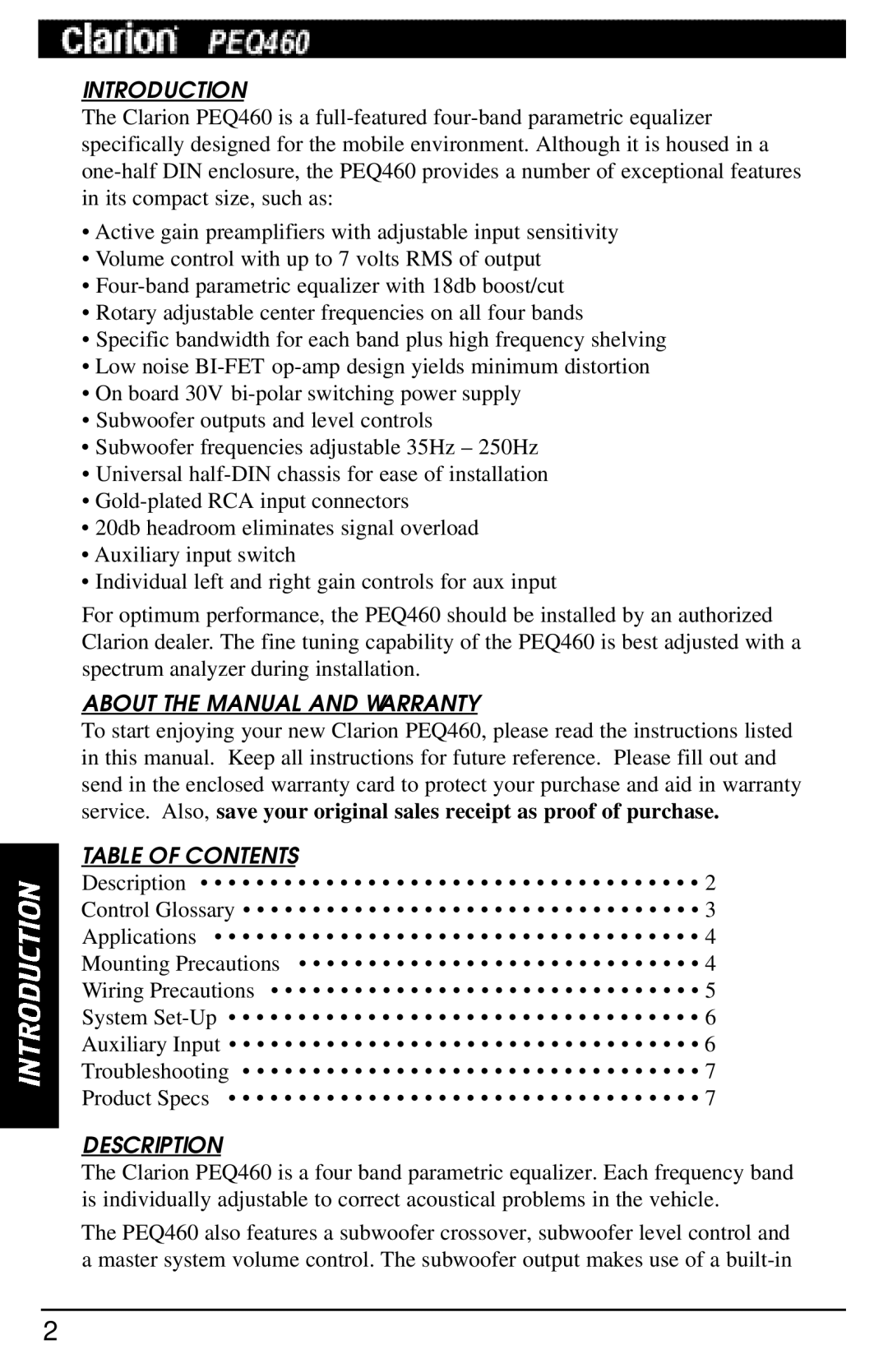 Clarion PEQ460 manual Introduction, About the Manual and Warranty, Table of Contents, Description 