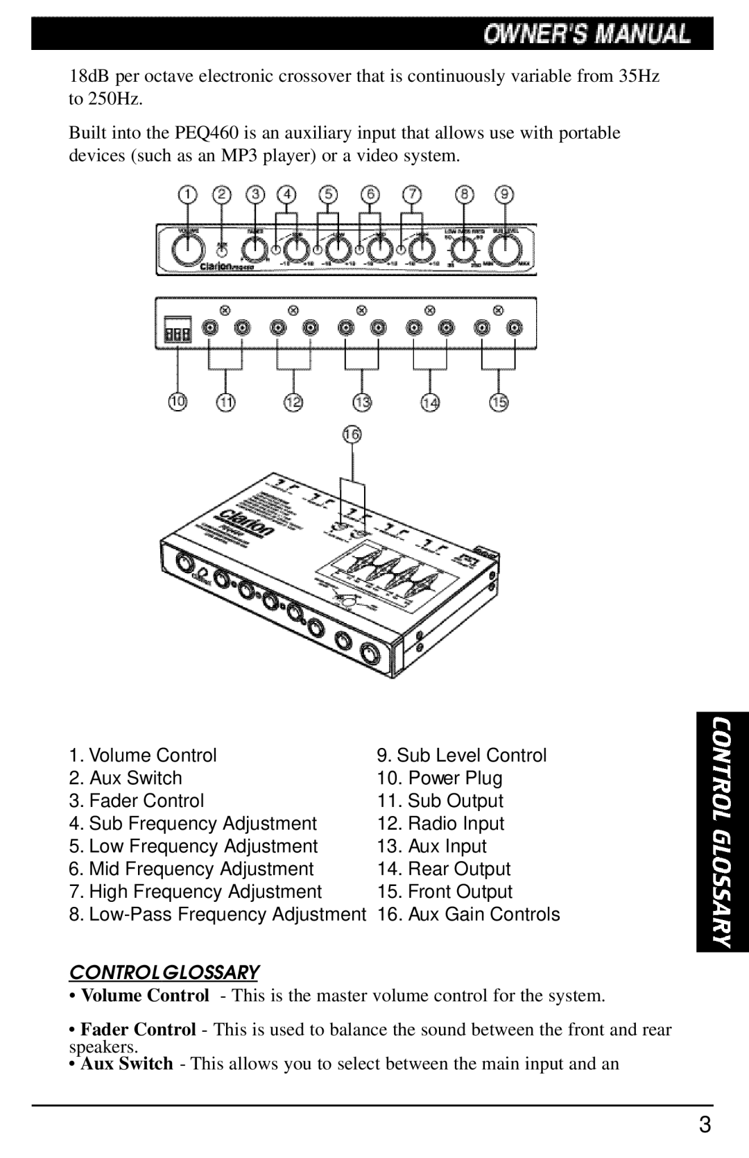 Clarion PEQ460 manual Control Glossary 