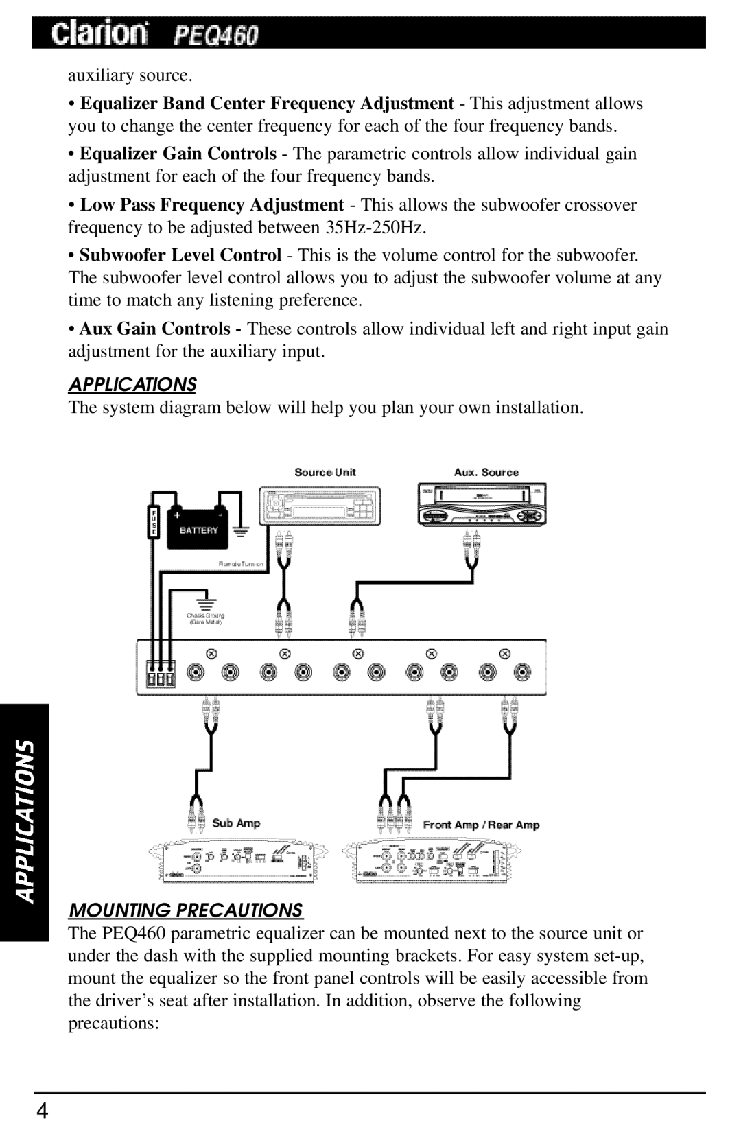 Clarion PEQ460 manual Applications, Mounting Precautions 