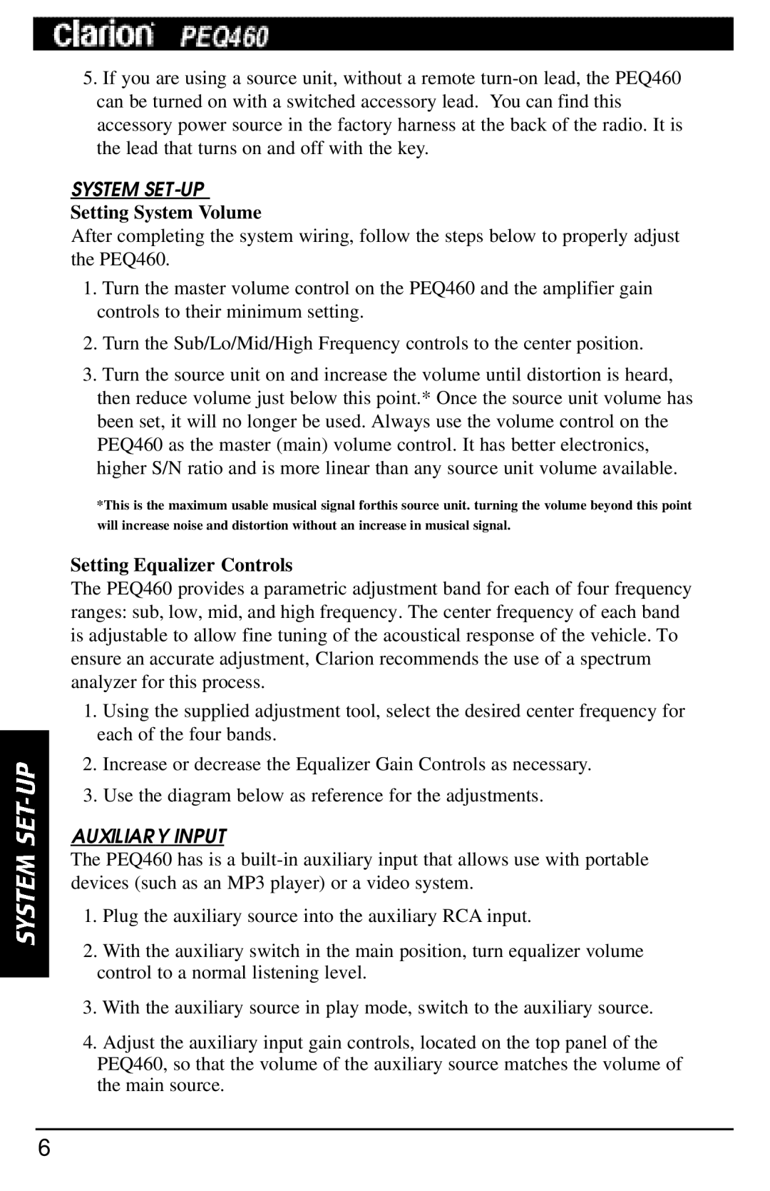 Clarion PEQ460 manual System SET-UP, Auxiliary Input 