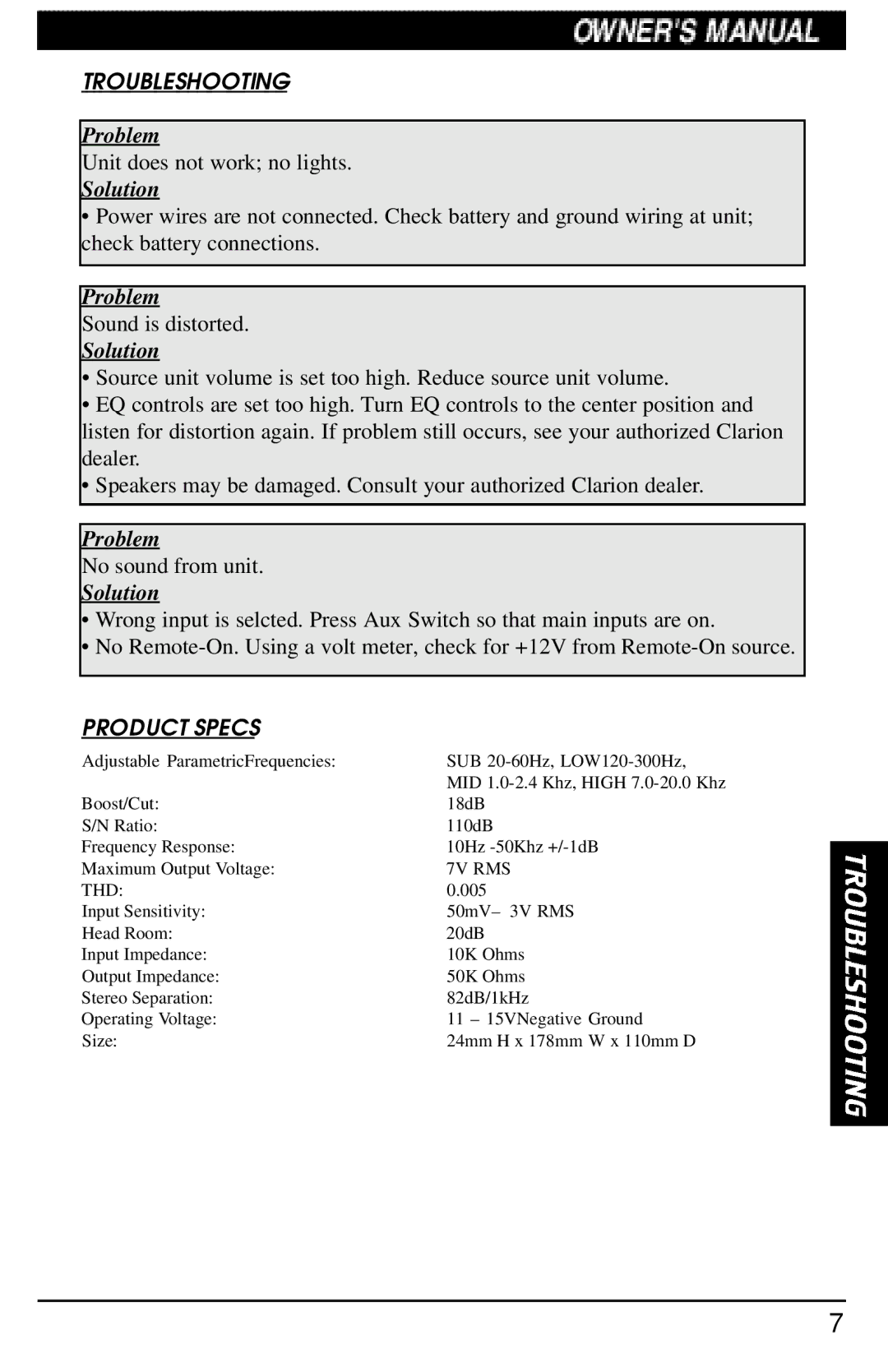 Clarion PEQ460 manual Troubleshooting, Product Specs 