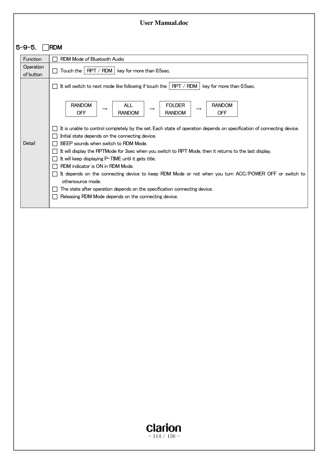 Clarion PF-3380I-A user manual Rdm, Random ALL Folder 