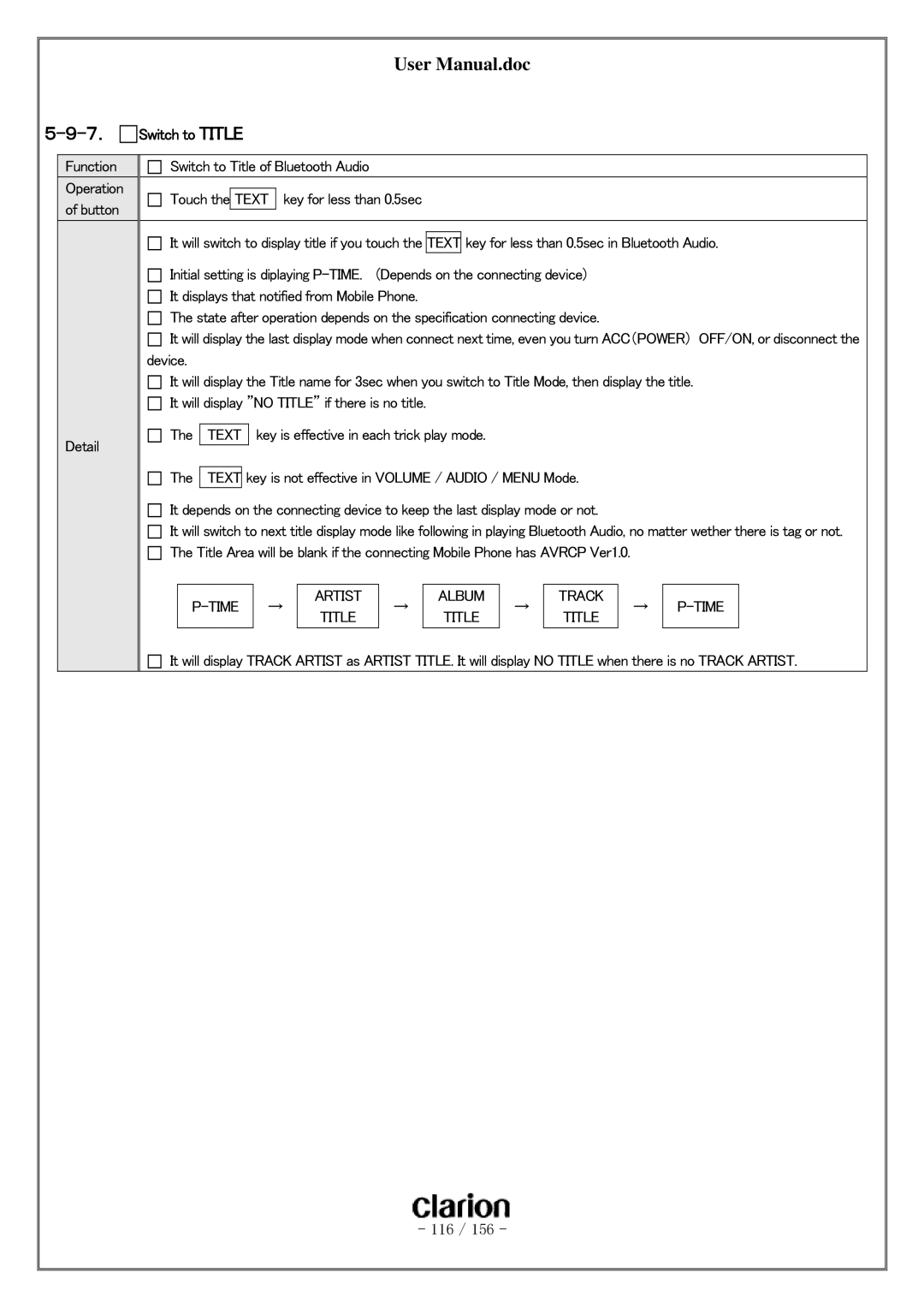 Clarion PF-3380I-A user manual ７． Switch to Title, Time Artist Album Track 