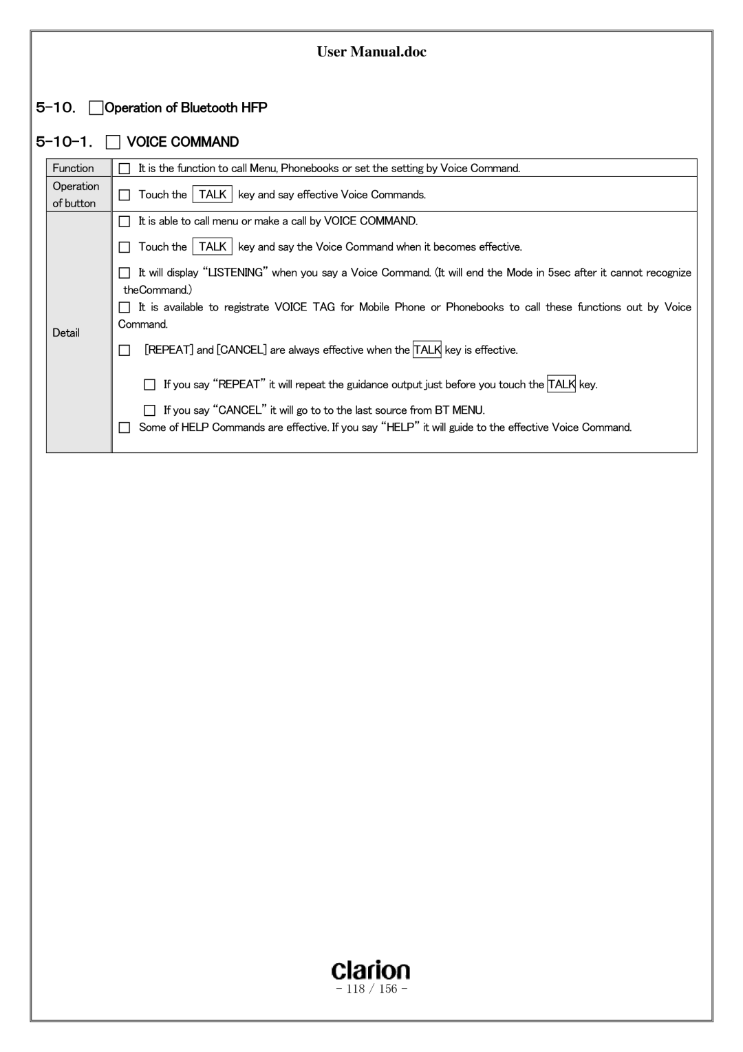 Clarion PF-3380I-A user manual １０． Operation of Bluetooth HFP １０-１． Voice Command 