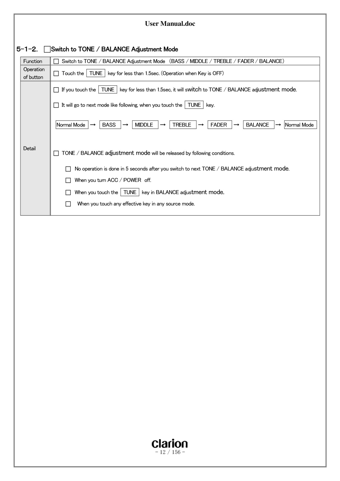 Clarion PF-3380I-A user manual Switch to Tone / Balance Adjustment Mode, （BASS / Middle / Treble / Fader / BALANCE） 