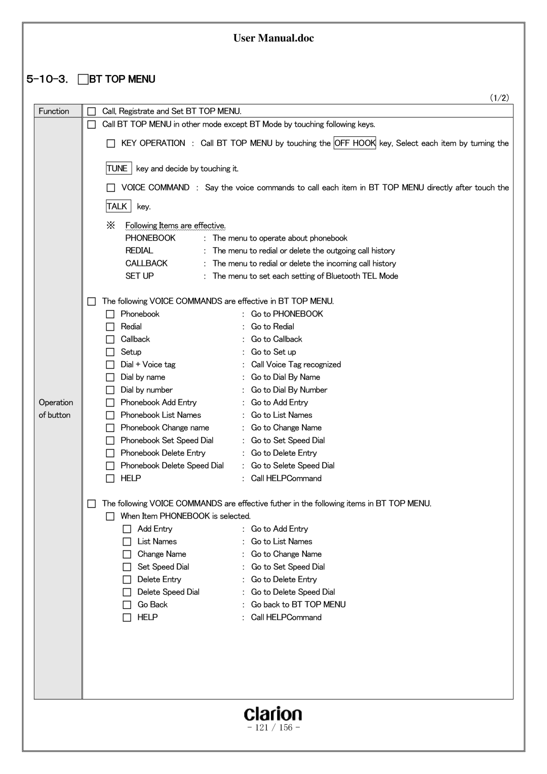 Clarion PF-3380I-A user manual １０-３．, BT TOP Menu 