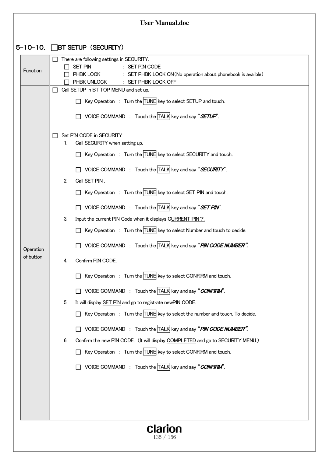 Clarion PF-3380I-A user manual １０-１０． BT Setup （SECURITY）, SET PIN SET PIN Code Phbk Lock, Phbk Unlock SET Phbk Lock OFF 