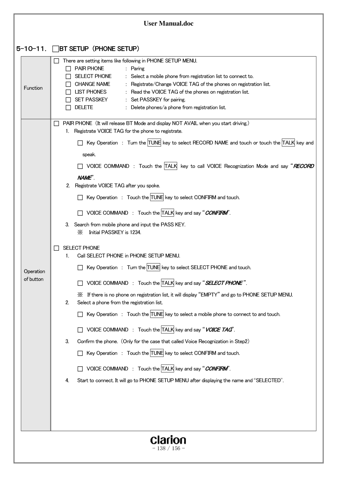 Clarion PF-3380I-A user manual １０-１１． BT Setup （PHONE SETUP）, Name 