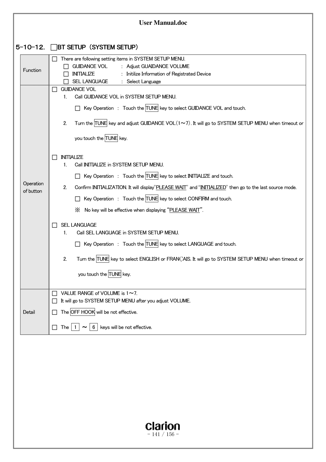 Clarion PF-3380I-A user manual １０-１２． BT Setup （SYSTEM SETUP）, Guidance VOL 