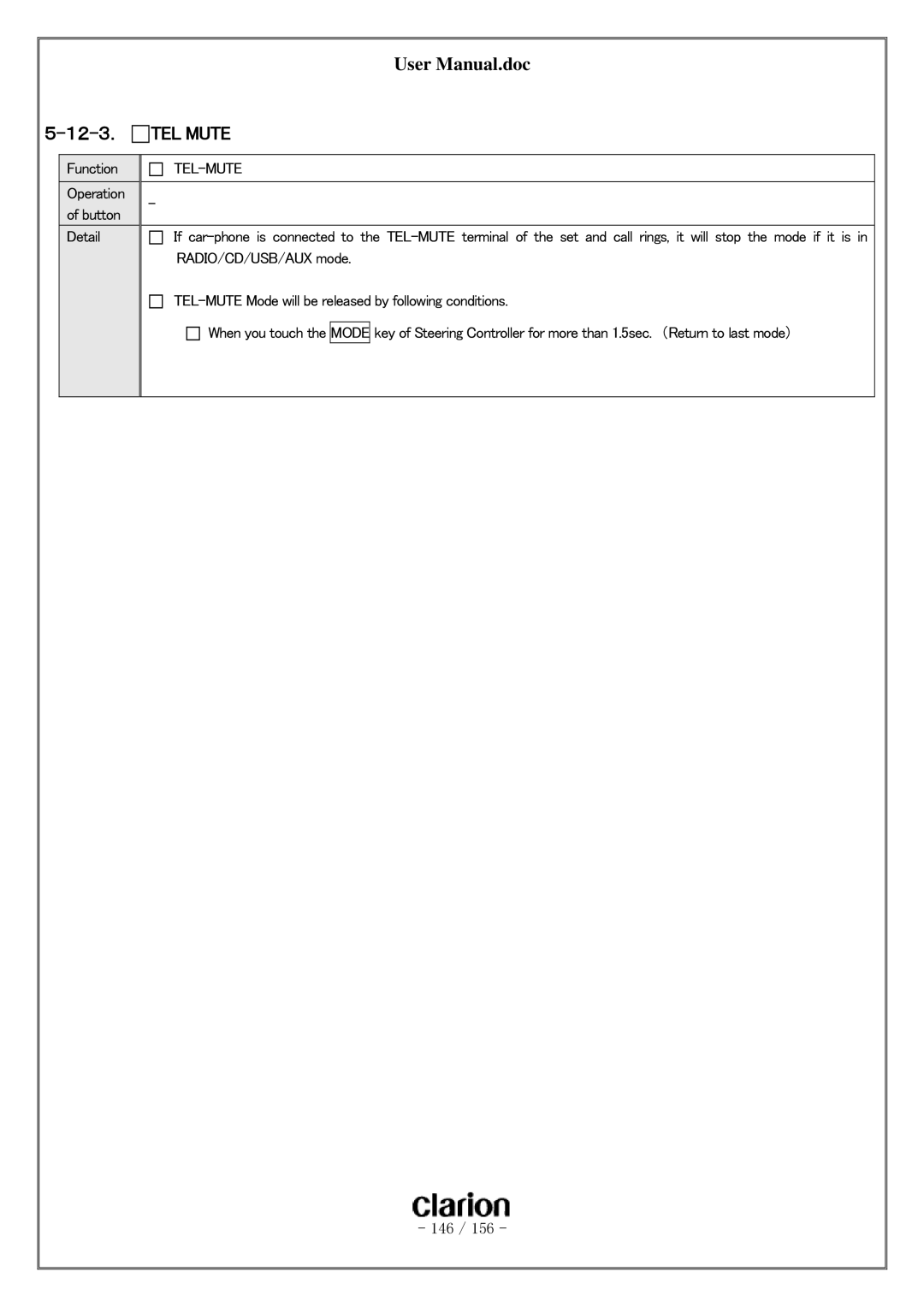 Clarion PF-3380I-A user manual １２-３．, TEL Mute, Tel-Mute 