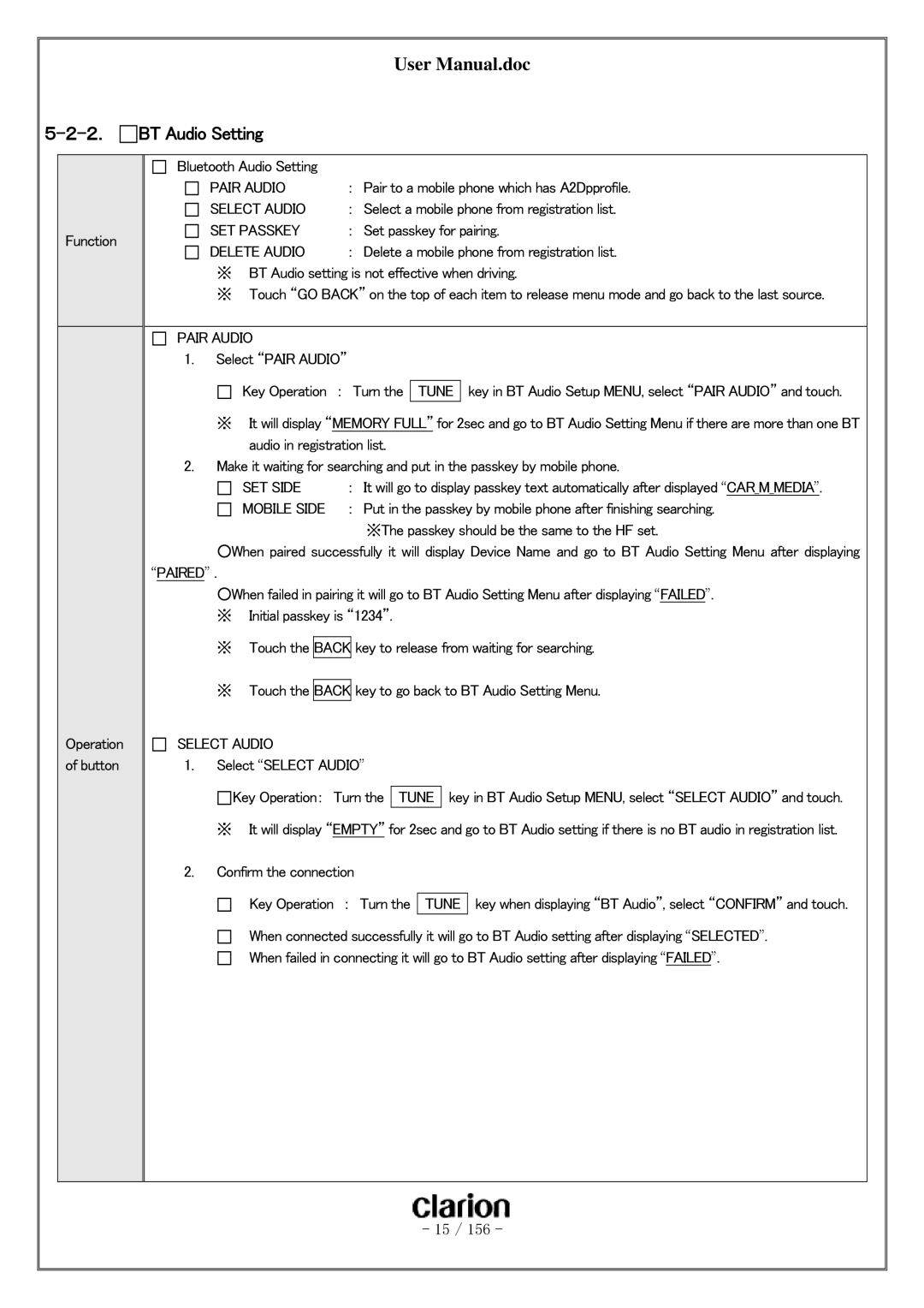 Clarion PF-3380I-A user manual ２． BT Audio Setting, Pair Audio, Select Audio, SET Passkey, Delete Audio 