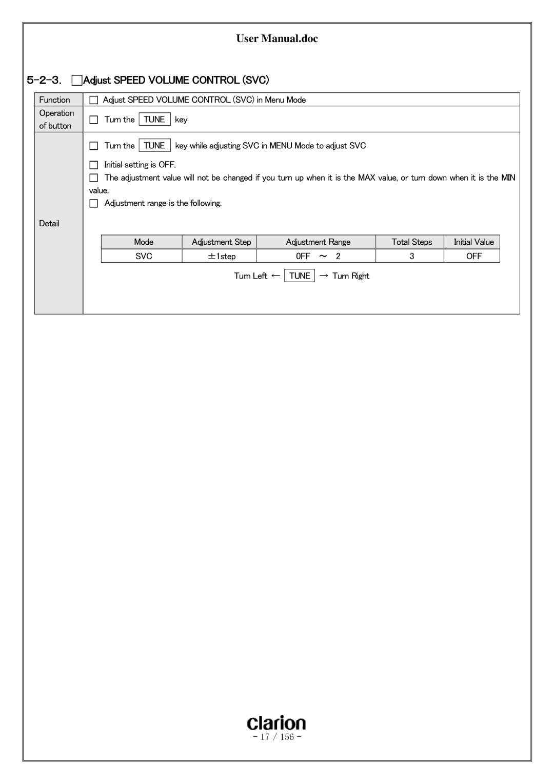 Clarion PF-3380I-A user manual ３． Adjust Speed Volume Control SVC, 0FF OFF 