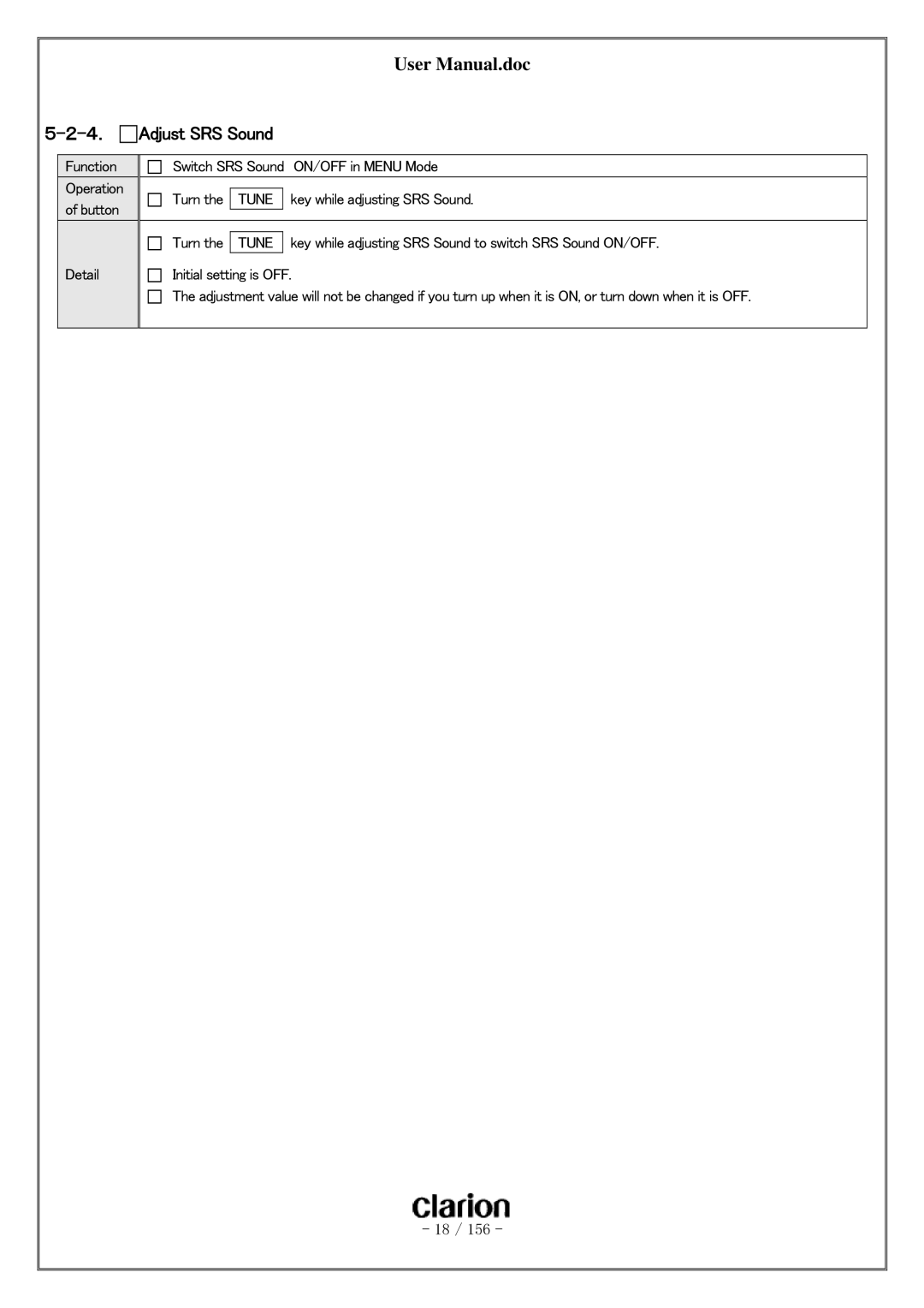 Clarion PF-3380I-A user manual Adjust SRS Sound 