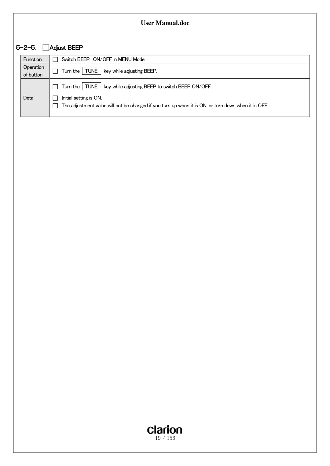 Clarion PF-3380I-A user manual Adjust Beep 