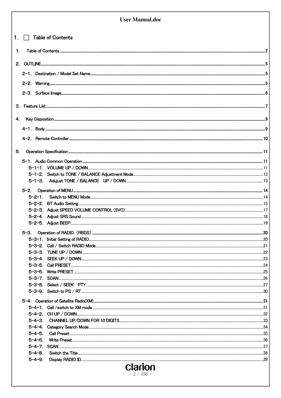 Clarion PF-3380I-A user manual Table of Contents 