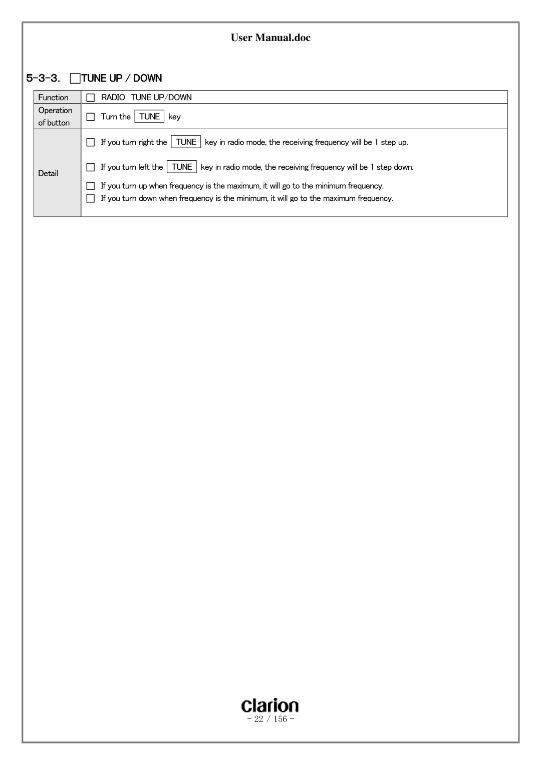 Clarion PF-3380I-A user manual Tune UP / Down, Radio Tune UP/DOWN 