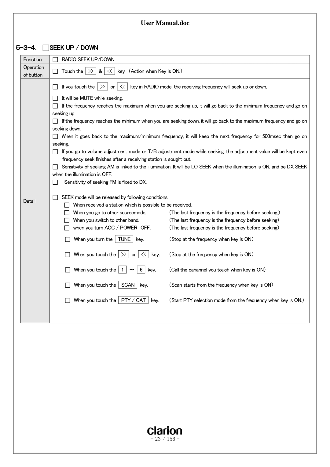 Clarion PF-3380I-A user manual ４． Seek UP / Down, Radio Seek UP/DOWN 