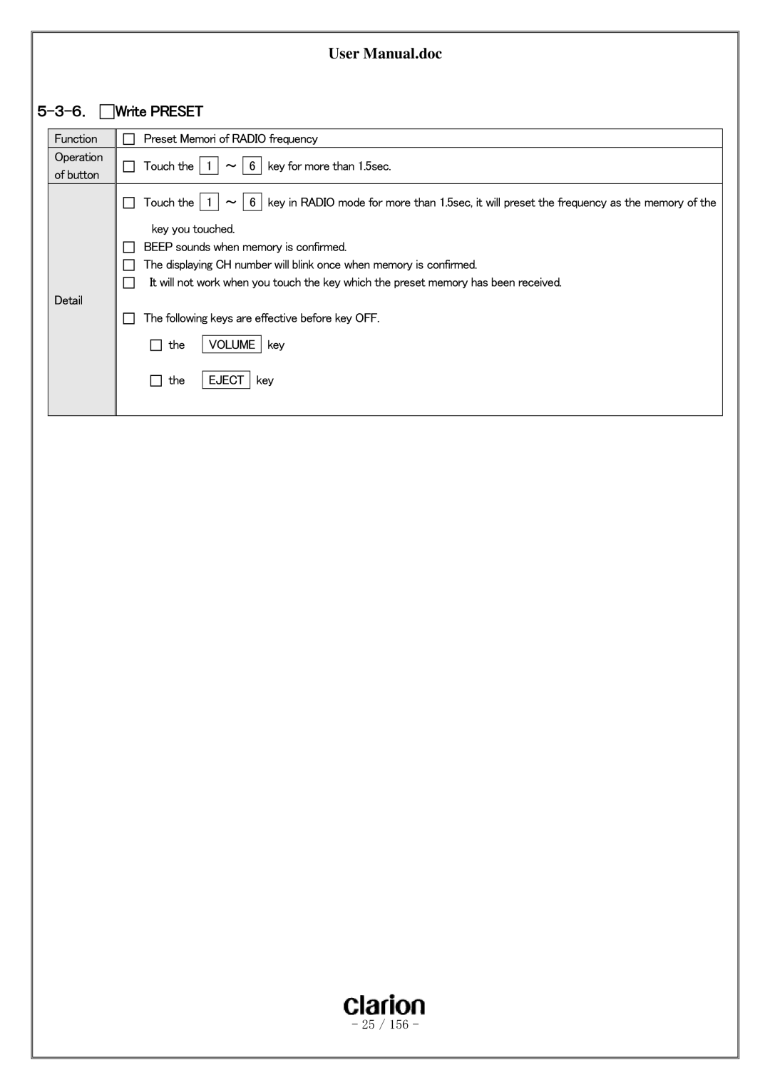 Clarion PF-3380I-A user manual Write Preset 