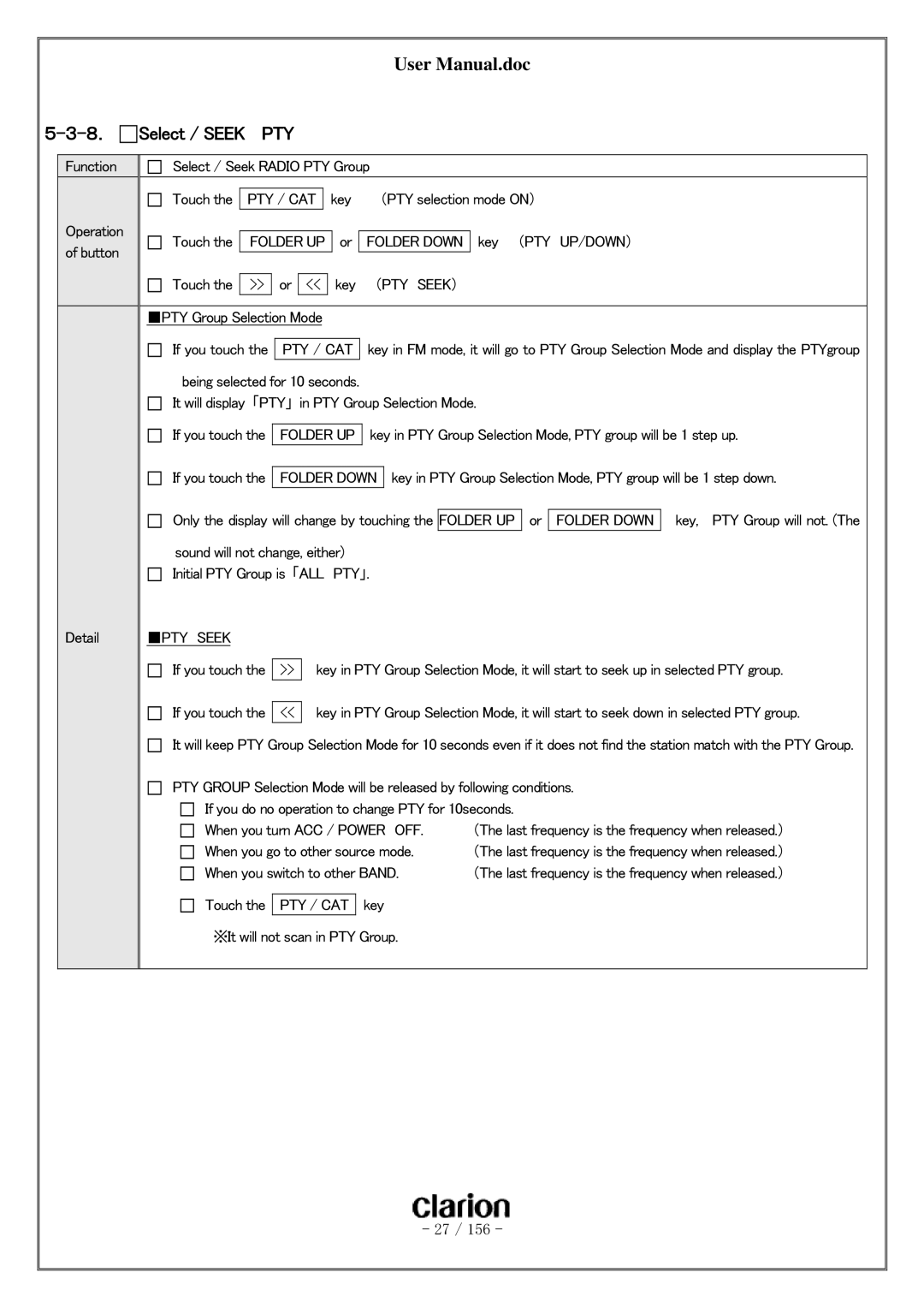 Clarion PF-3380I-A user manual ８． Select / Seek PTY, Folder UP, （Pty Seek）, Folder Down 